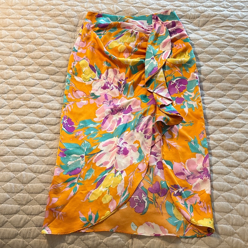Lush Vibrant Floral Wrap Skirt in Orange and Pink